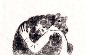 ガリ版印刷物-版画-抱き合うクマと人